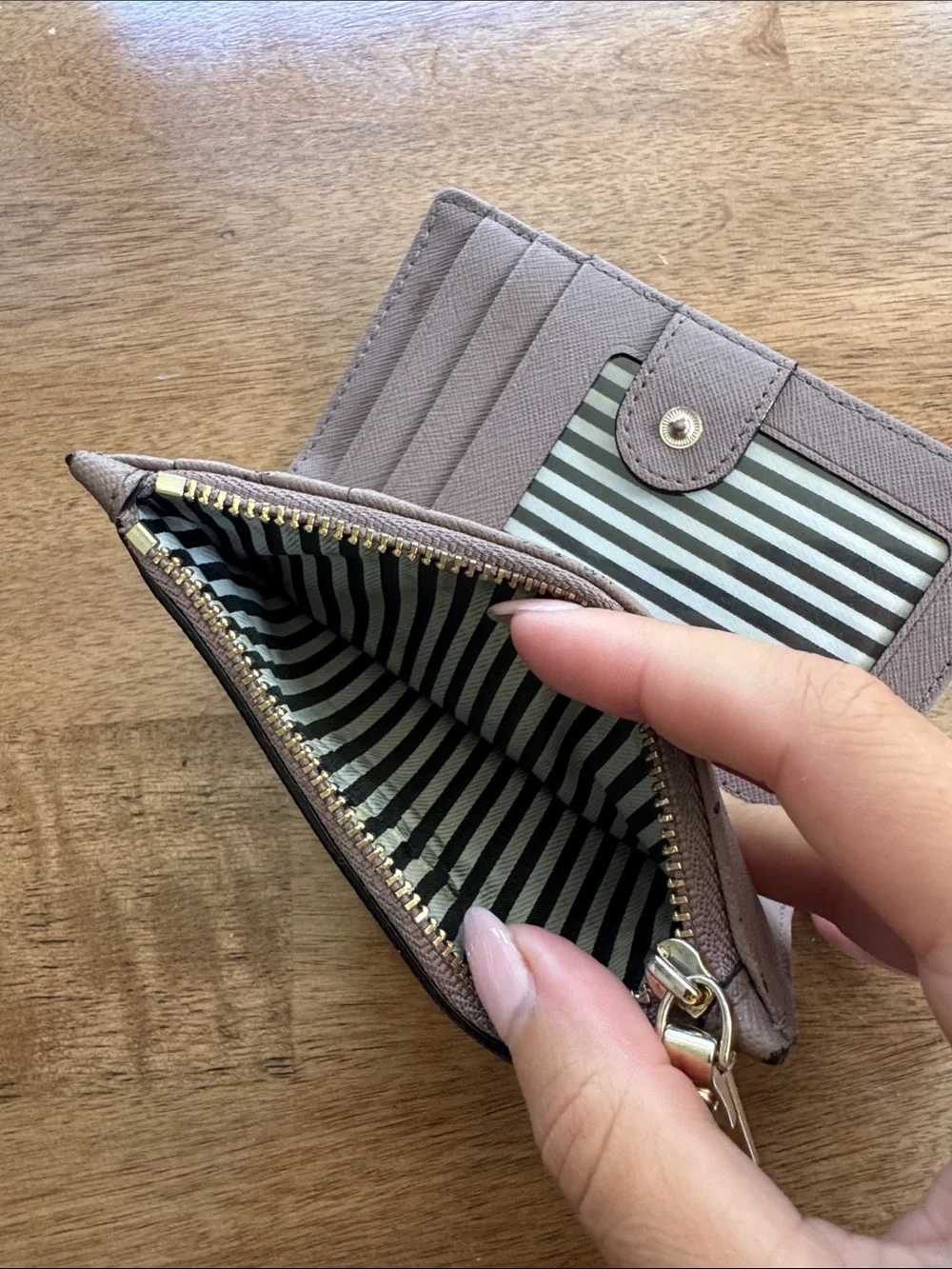 kate spade taupe brown zip card holder with gold hardware